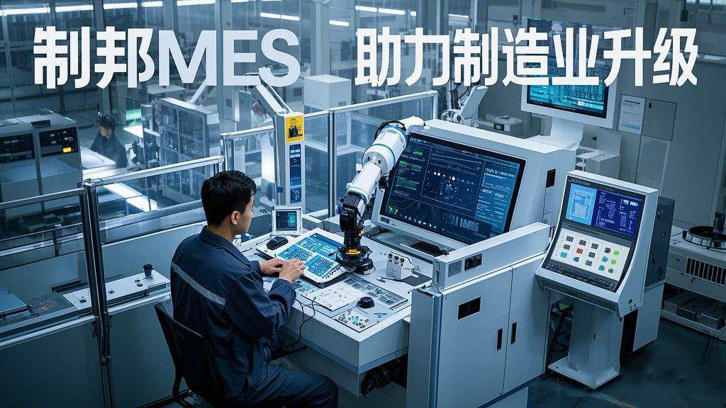 主題為 “制邦MES 助力制造業(yè)升級(jí)”。畫(huà)面呈現(xiàn)出一個(gè)現(xiàn)代化的智能工廠，車(chē)間里機(jī)械臂有序地工作，在工廠的中控室里，大屏幕上展示著生產(chǎn)數(shù)據(jù)和制邦MES的數(shù)據(jù)分析圖表，一位工程師正在通